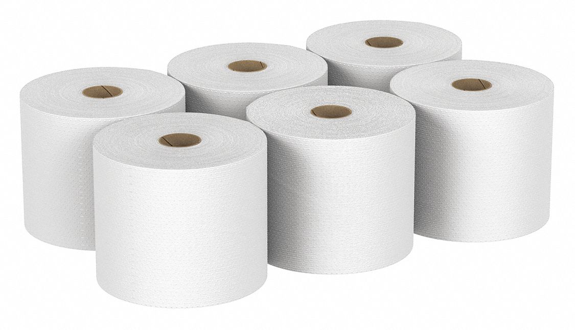 Paper Towel Roll: White, 8 in Roll Wd, 1, 000 ft Roll Lg, Continuous Sheet Lg, 6 PK