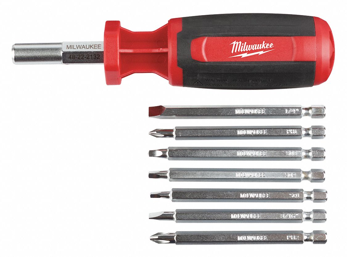 Multi-Bit Screwdriver: Hex/Phillips/Slotted/Square Tip, 9 Tips, 9 in Overall Lg, Magnetic
