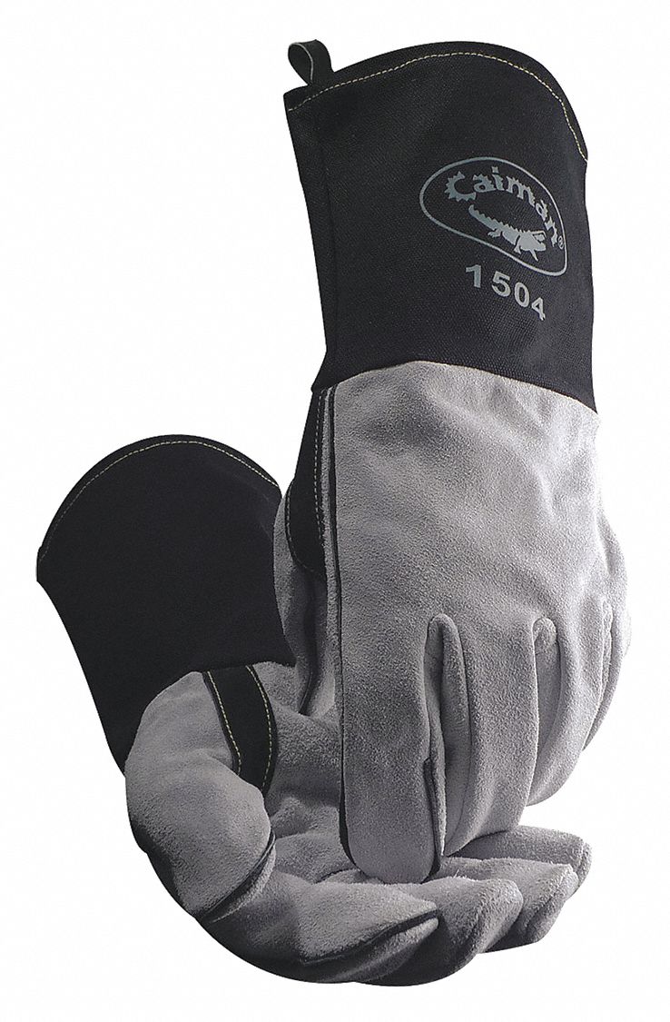 Welding Gloves: Straight Thumb, Gauntlet Cuff, Std, White Cowhide, Caiman® 1504, L Glove Size, 1 PR