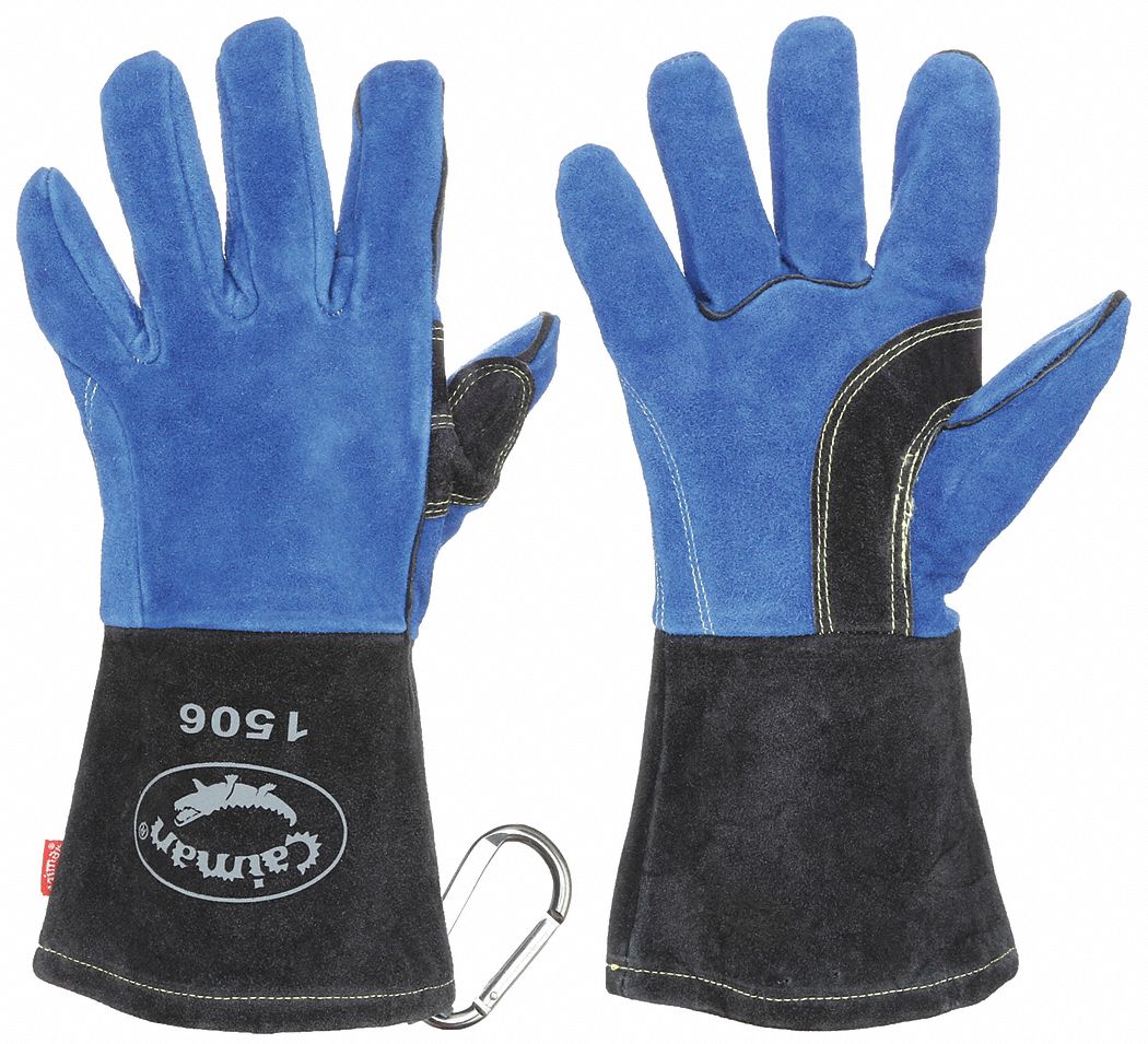 Welding Gloves: Straight Thumb, Gauntlet Cuff, Premium, White Cowhide, Caiman® 1506, 1 PR