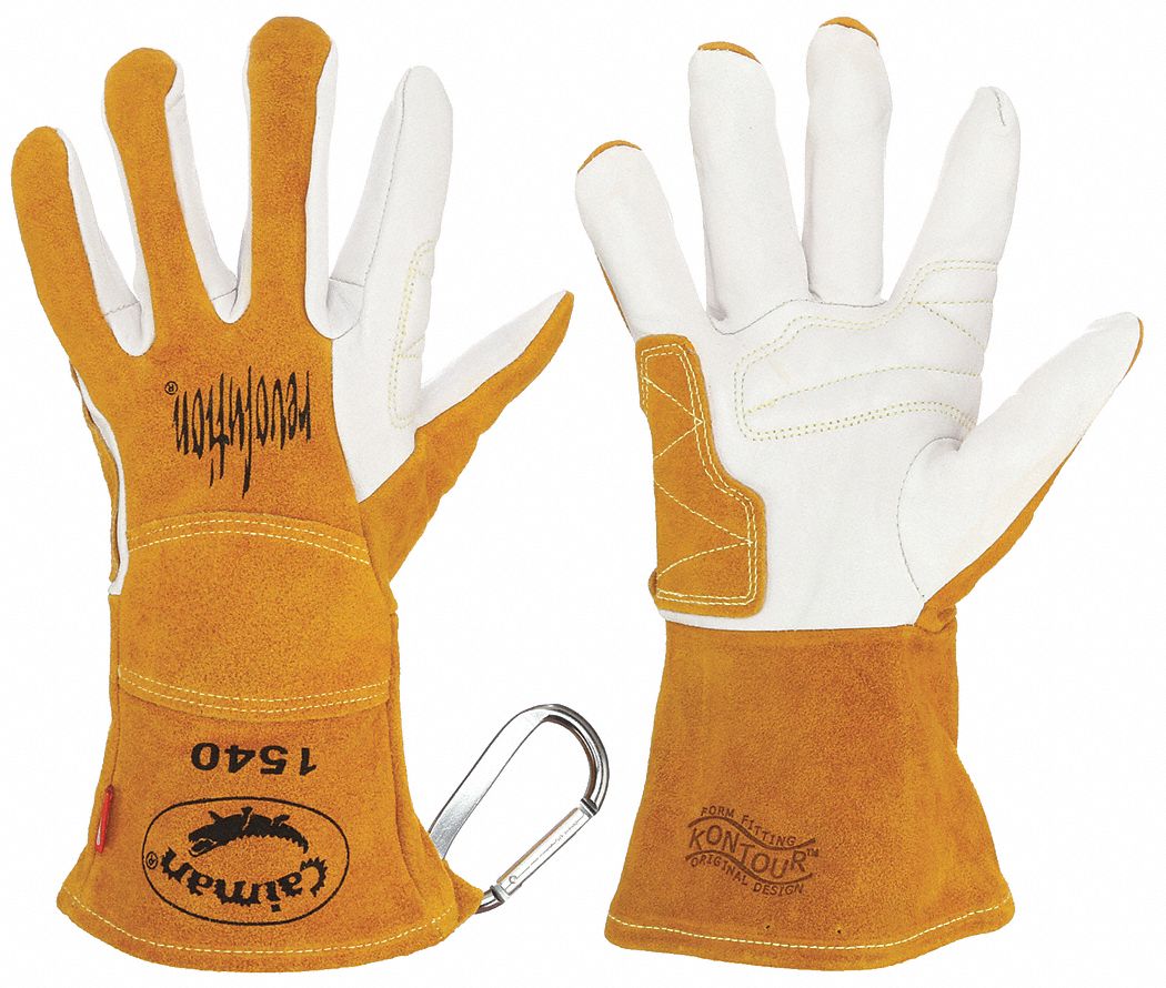 Welding Gloves: Wing Thumb, Gauntlet Cuff, Premium, White Cowhide, Caiman® 1540, L Glove Size, 1 PR