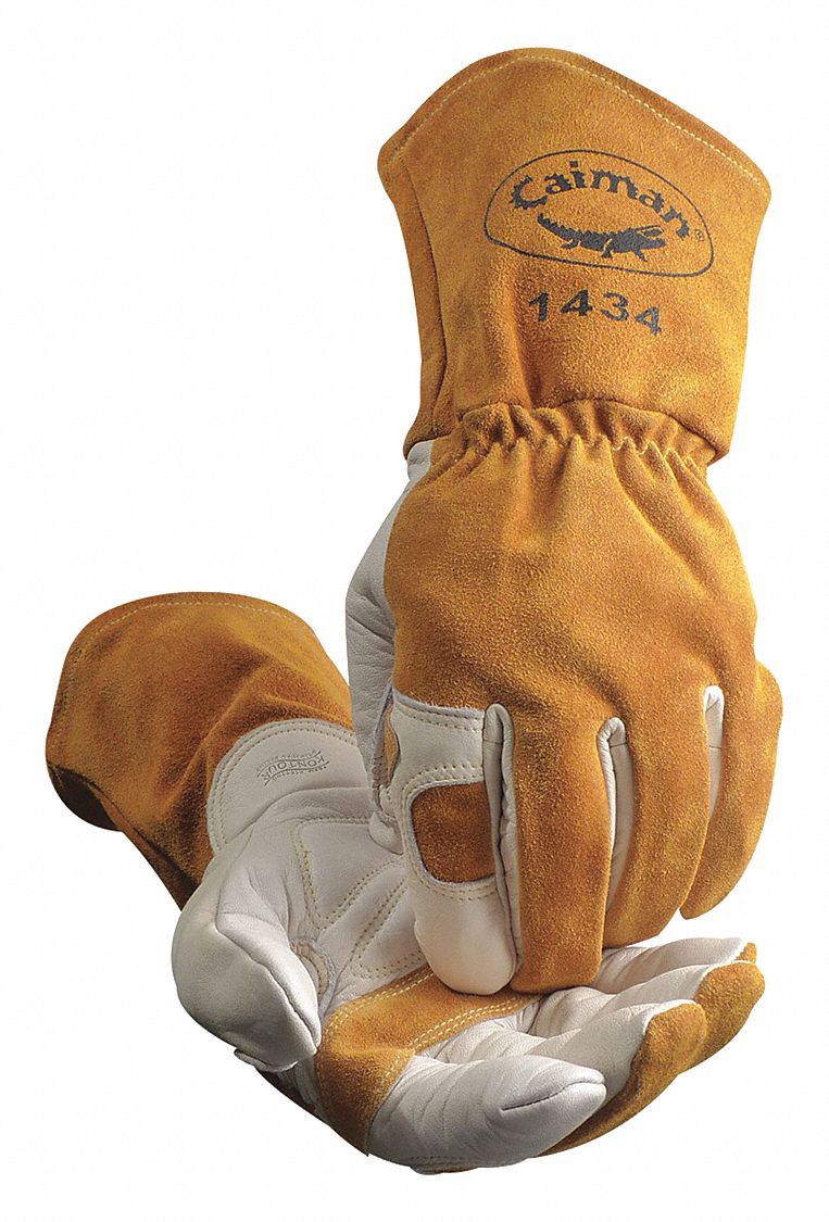 Welding Gloves: Wing Thumb, Gauntlet Cuff, Premium, Beige Cowhide, Caiman® 1434, L Glove Size, 1 PR