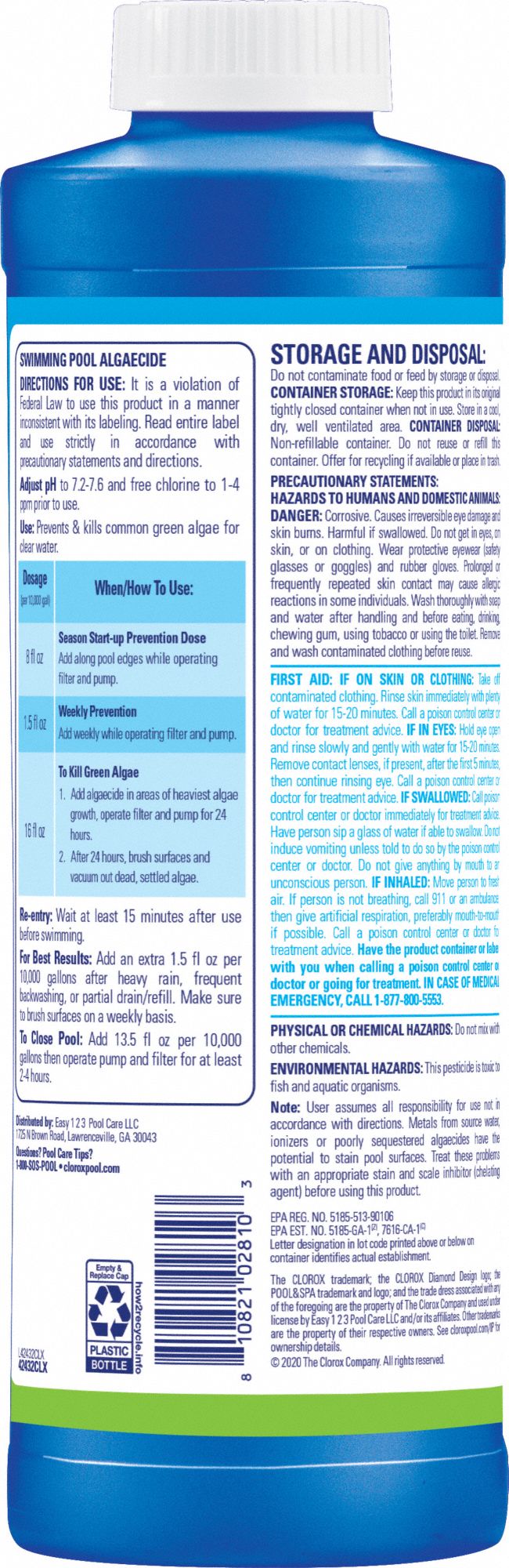 CLOROX POOL & SPA Algaecide Liquid, Bottle, 32 oz 494P2042432CLX