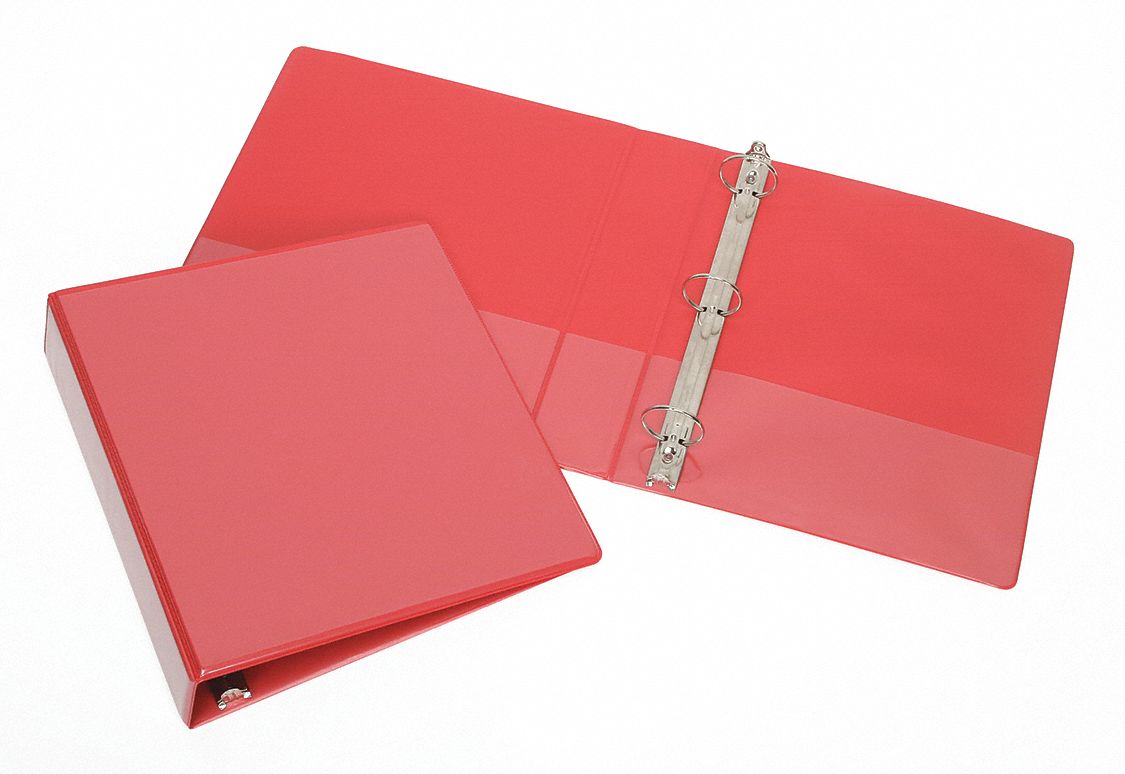 Ring Binder: 1 1/2 in Ring Size, Round, 250 Sheet Capacity, Clear Sleeve, Vinyl, Red