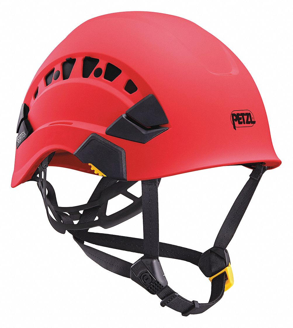 Hard Hat: Red, No Graphics, Ratchet (6-Point), Ratchet, ABS, Side-Slots, PETZL, Solid, Vertex