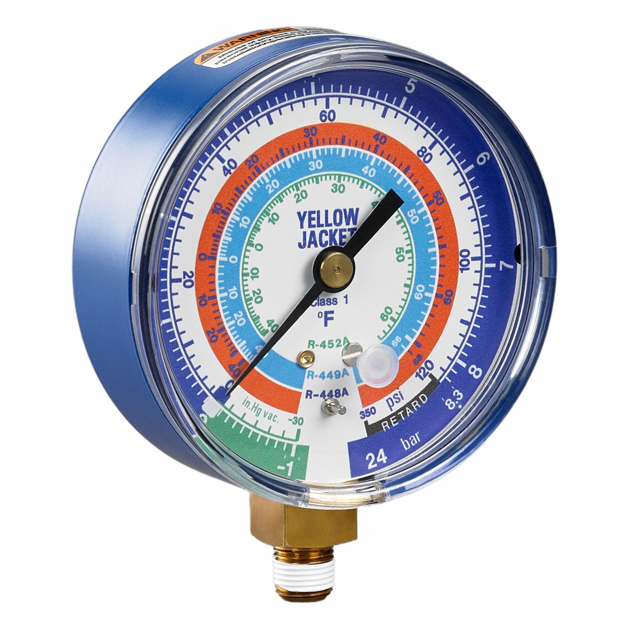 Low Side Gauge: Low Side Gauge, Non-Liquid Filled, 3 1/8 in Dia, 1/8 in Male NPT, Blue