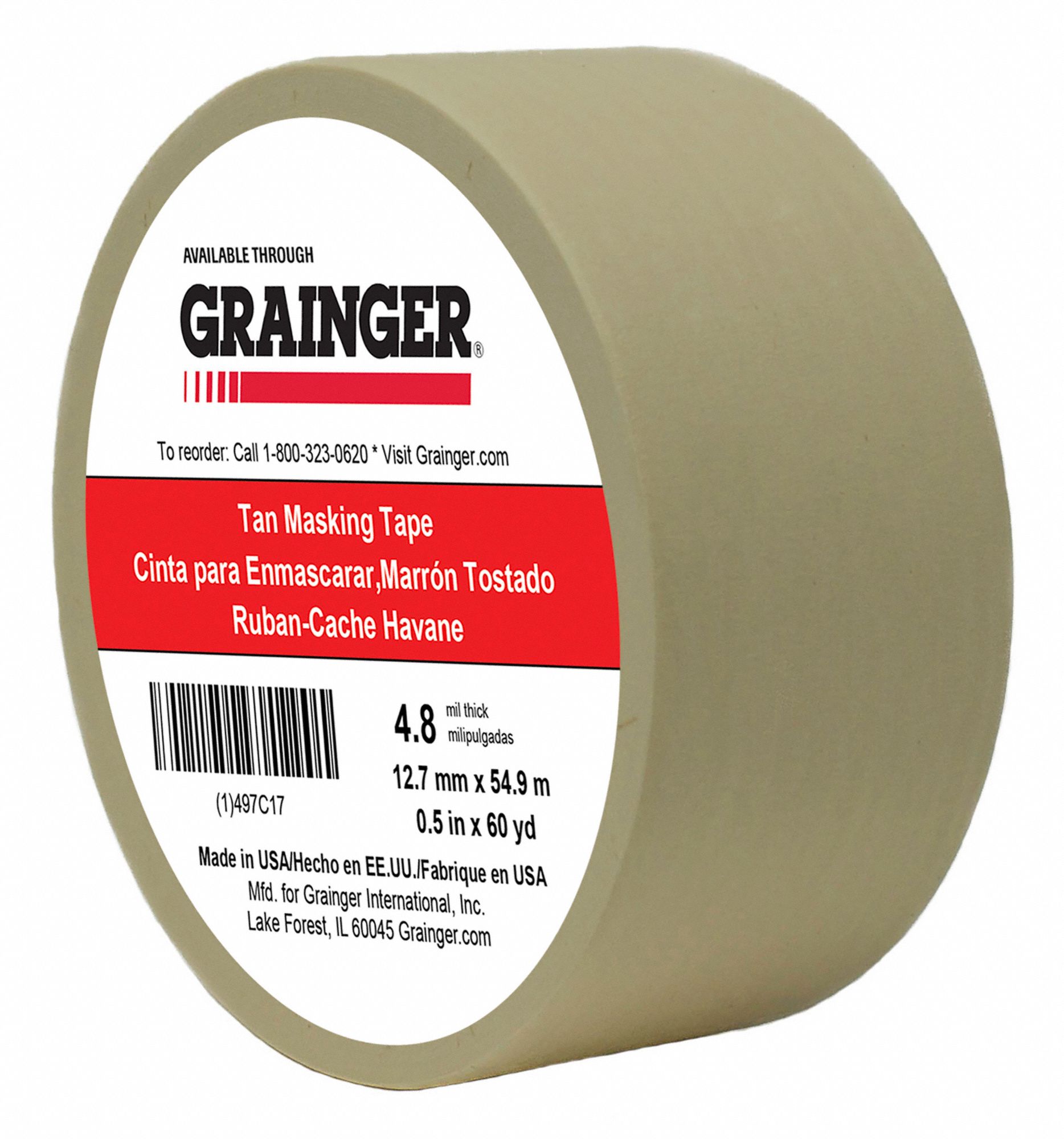 MASKING TAPE, ½ IN X 60 YARD, 4.8 MIL THICK, INDOOR, RUBBER ADHESIVE, TAN