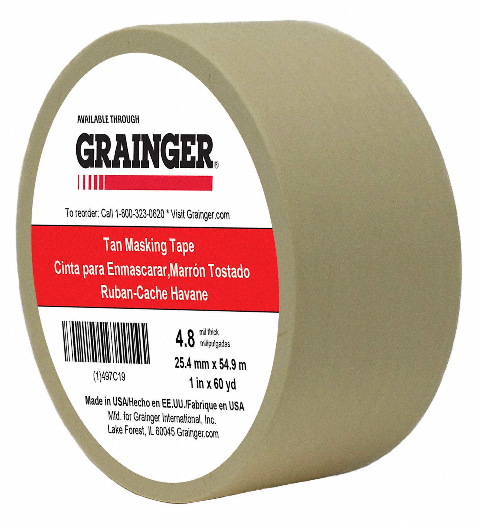 MASKING TAPE, 1 IN X 60 YARD, 4.8 MIL THICK, INDOOR, RUBBER ADHESIVE, TAN