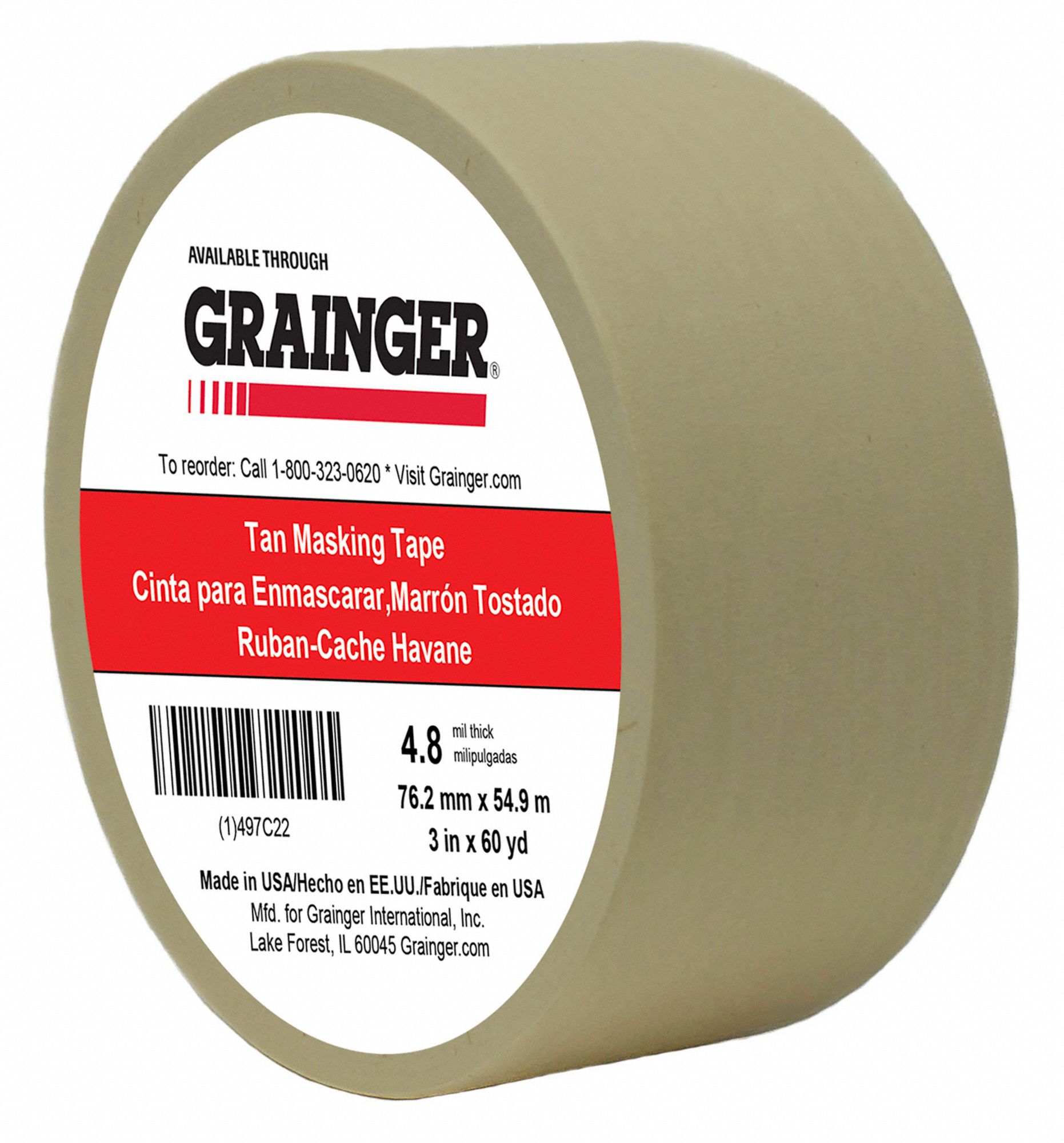 MASKING TAPE, 3 IN X 60 YARD, 4.8 MIL THICK, INDOOR, RUBBER ADHESIVE, TAN