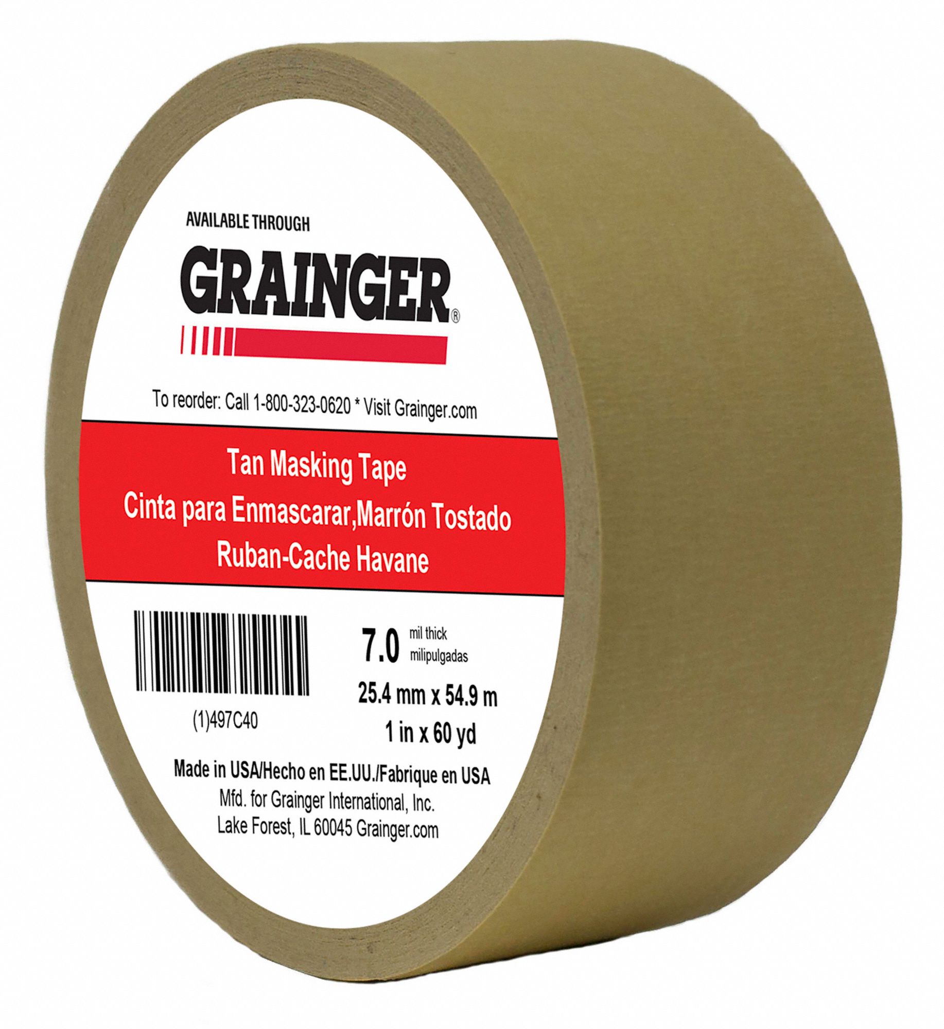 MASKING TAPE, 1 IN X 60 YARD, 7 MIL THICK, INDOOR, RUBBER ADHESIVE, TAN