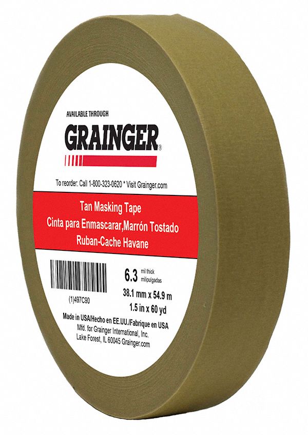 MASKING TAPE, 1½ IN X 60 YARD, 6.3 MIL THICK, INDOOR, RUBBER ADHESIVE, TAN