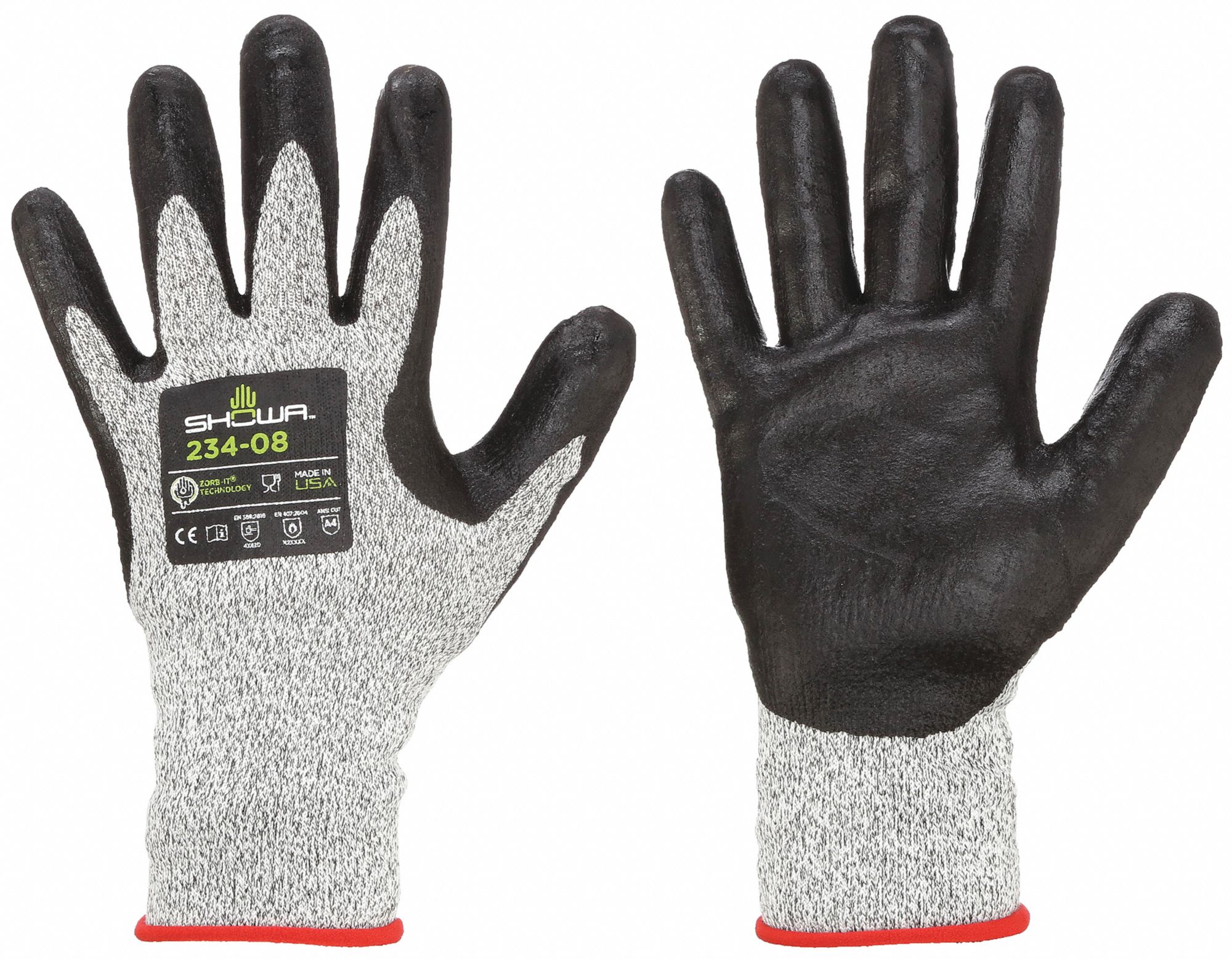 SHOWA Coated Gloves: XL ( 9 ), ANSI Cut Level A4, Palm, Dipped, Foam  Nitrile, HPPE ( 13 ga ), 1 PR