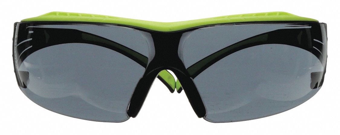Safety Glasses: Gray Lens, Frameless, Anti-Fog, Black/Green Frame