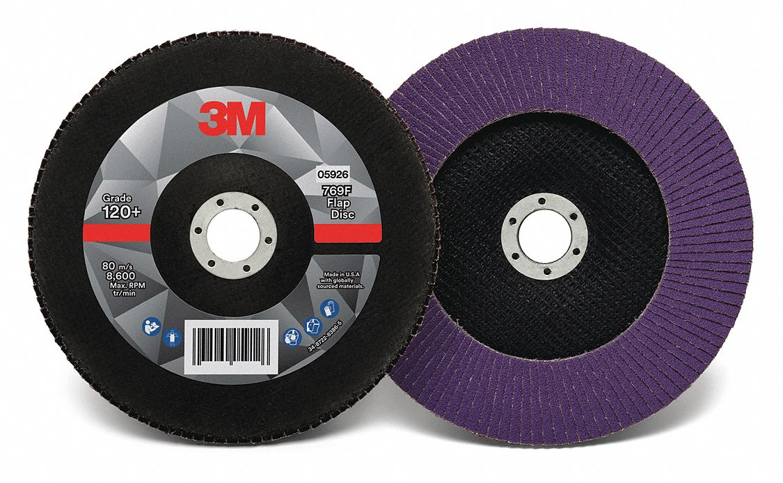 Flap Disc: Type 27, 7" x 7/8", Ceramic, 120 Grit, Fiberglass Bk, Std Density, 769F