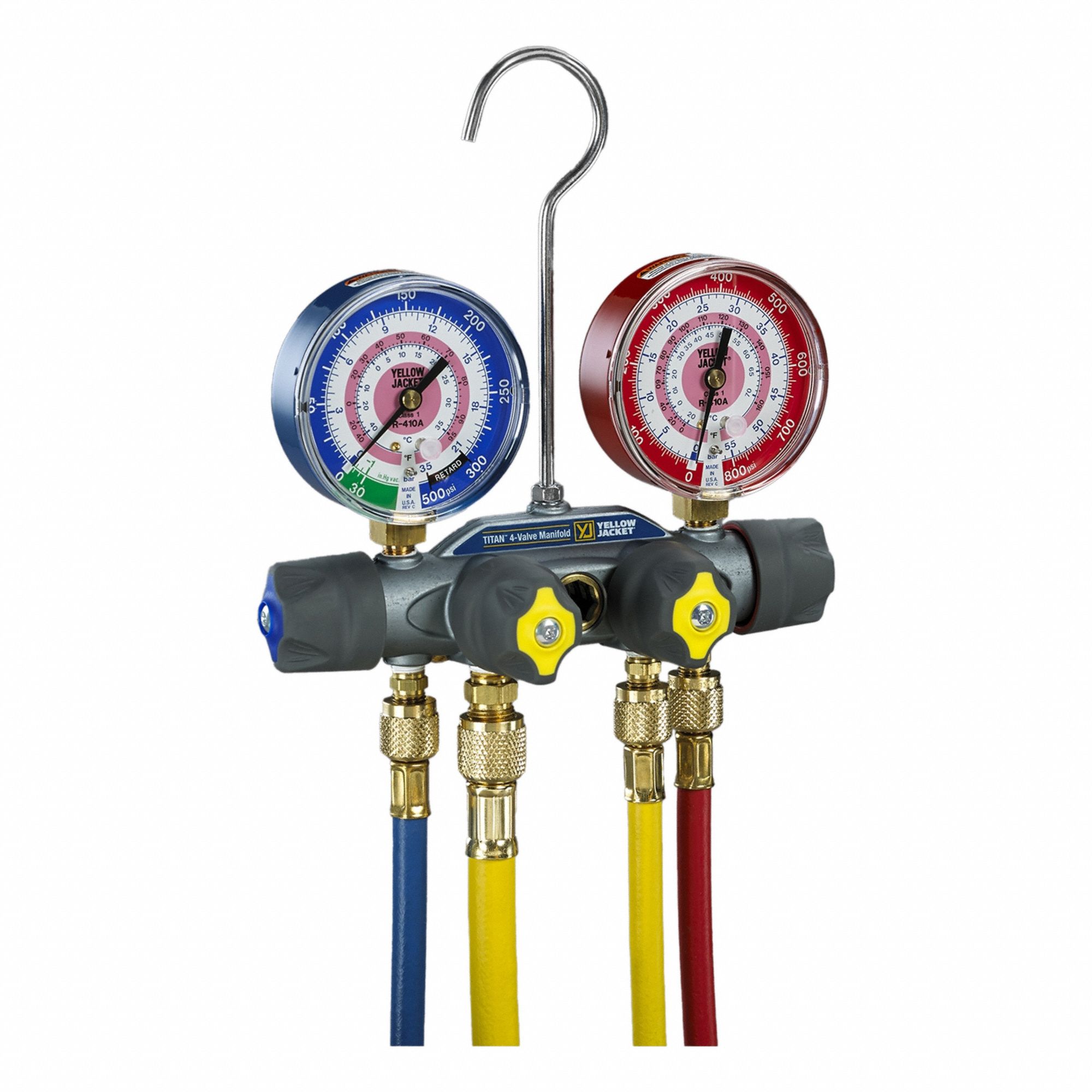 Manifold Gauge: 4 Valves, 4 Hoses, Series Titan, 3 1/8 in Gauge, For R-32/R-410A