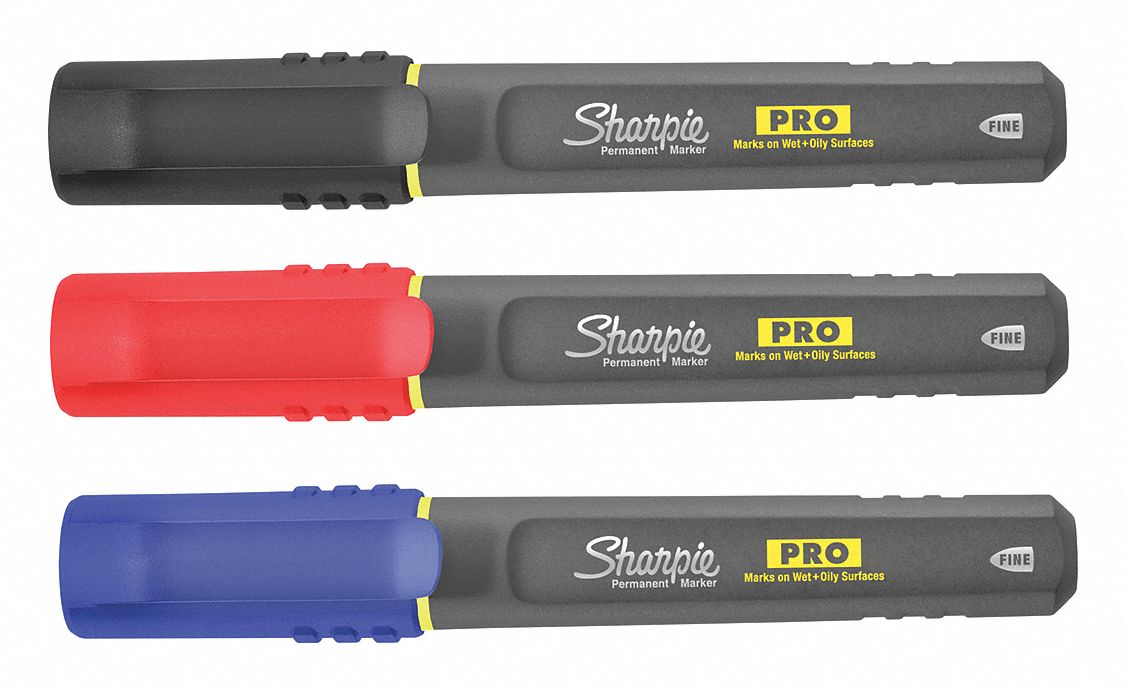 Permanent Marker Set: Assorted, Black/Blue/Red, Capped, Fine, Permanent Ink, Std, 4 PK