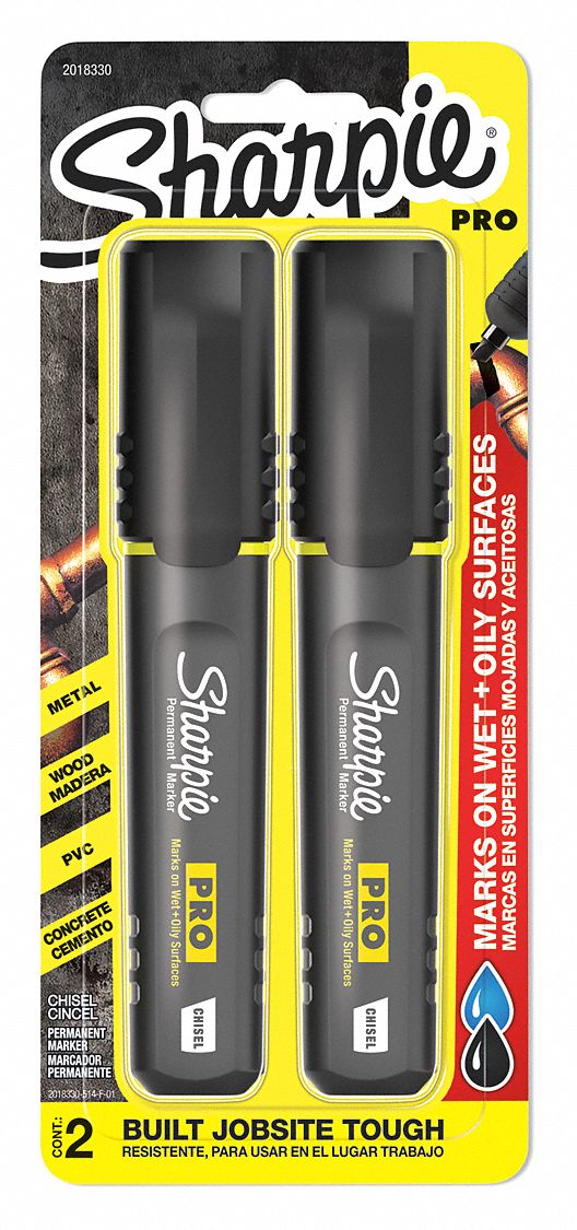 Permanent Marker Set: Black, Capped, Chisel, Permanent Ink, Single Tips, Wide, 2 PK