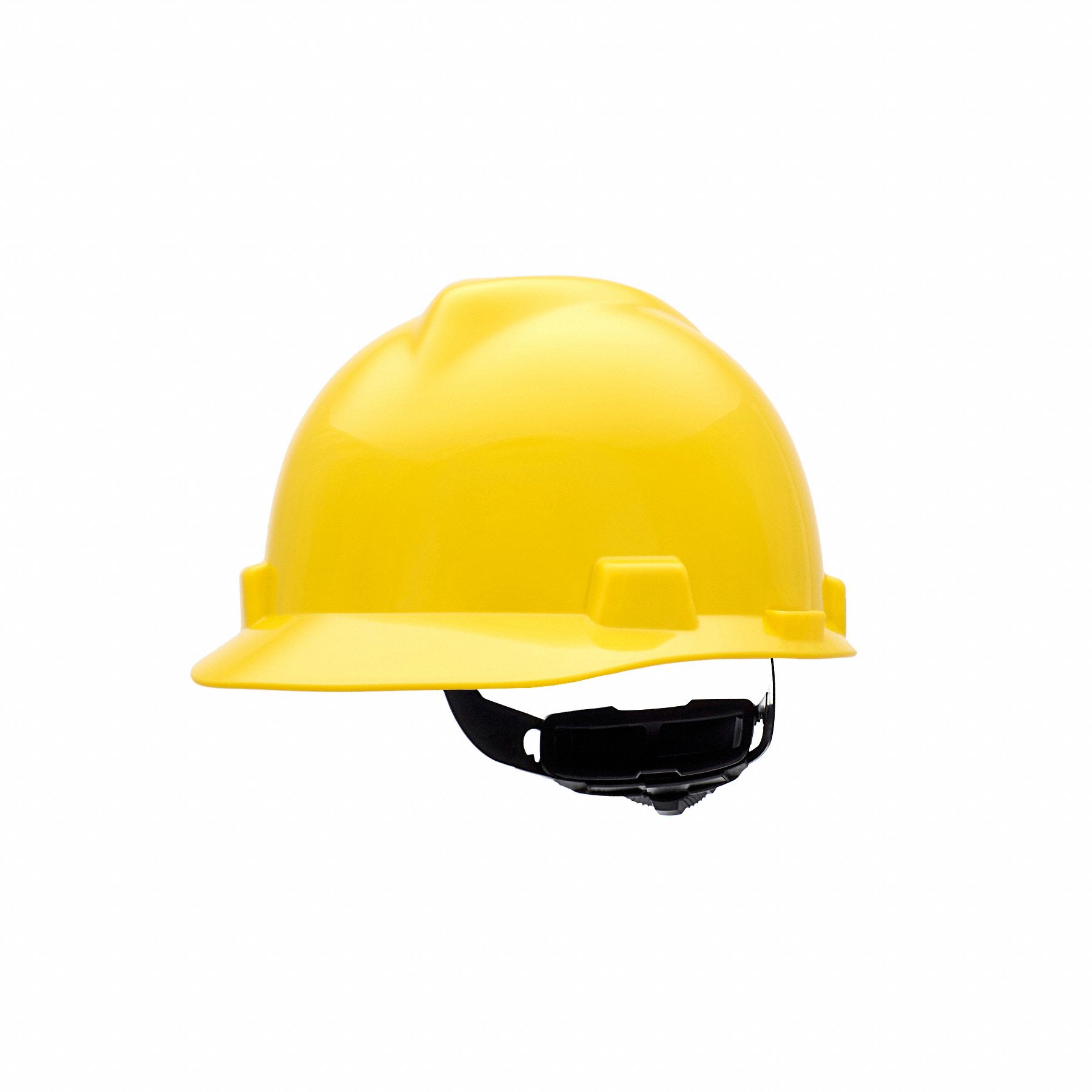 Hard Hat: Yellow, No Graphics, Ratchet (4-Point), Ratchet, Polyethylene, Side-Slots, MSA, Solid