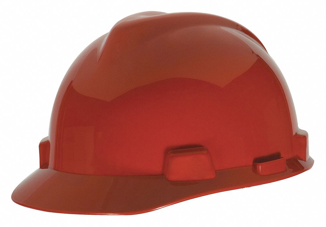 Hard Hat: Red, No Graphics, Ratchet (4-Point), Ratchet, Polyethylene, Side-Slots, MSA, Solid