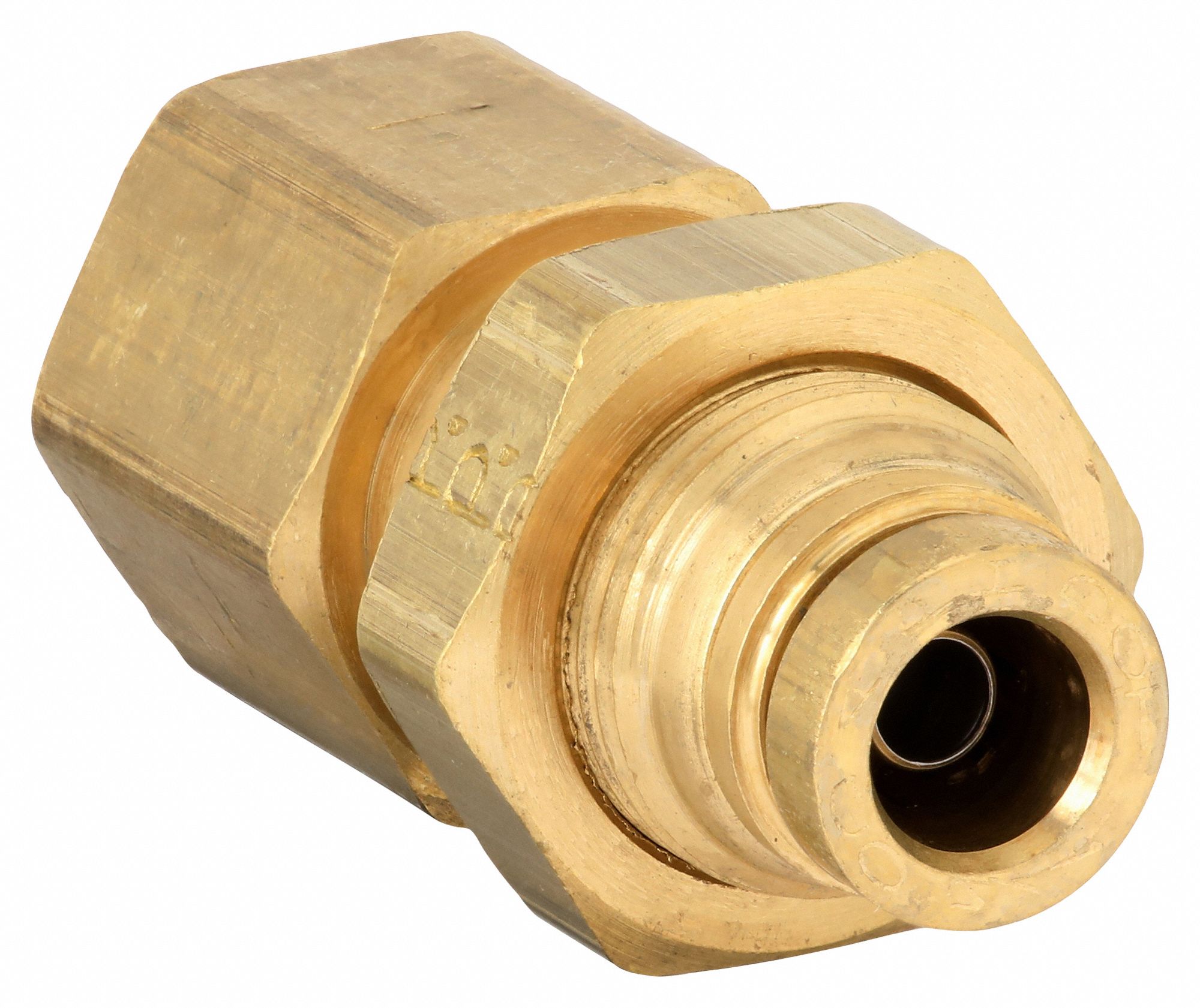 Push-Fit Adapter Fitting: 1/4 in OD x 1/4 in Pipe Fitting Size, Push-to-Connect x FNPTF, Brass