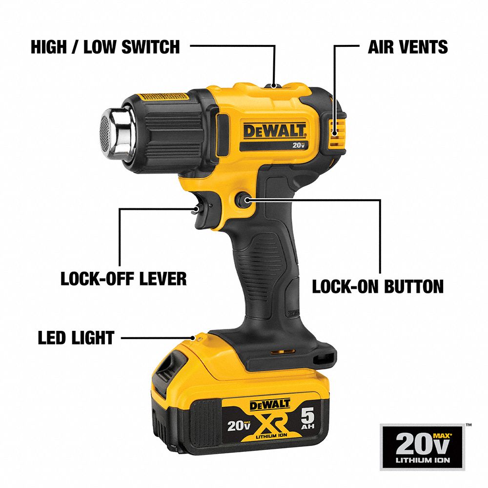 DEWALT Battery Heat Gun Kit 20V DC, Dual Temp. Settings, 500° to 750°F