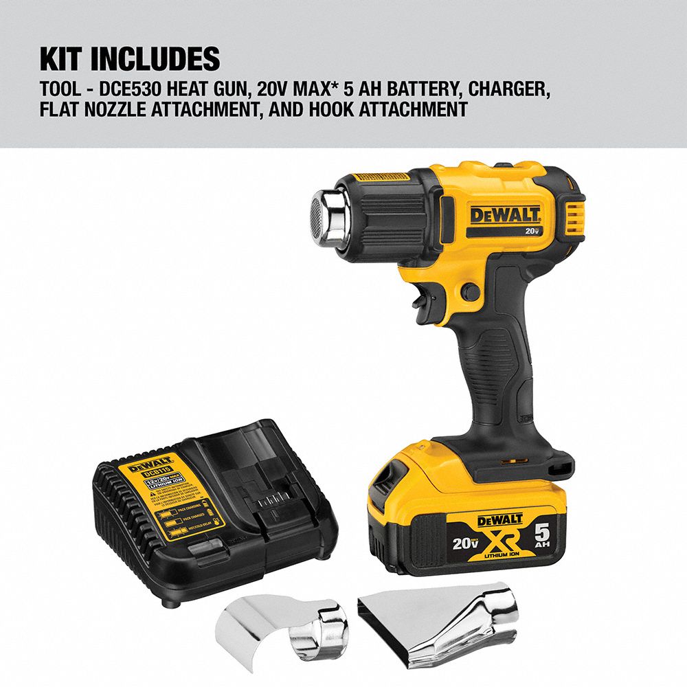 DEWALT Heat Gun Kit 20V DC, 500° to 750° F, 6.7 cfm Air Volume, (1) 5 Ah 499M16DCE530P1