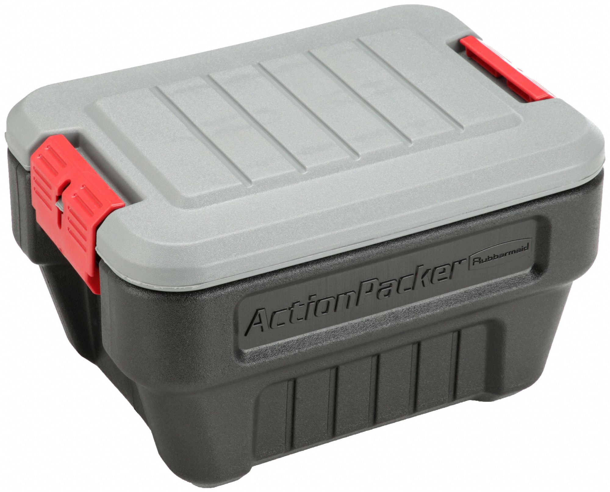 Attached Lid Tote: 8 gal, 20 in x 14 1/2 in x 12 in, Black Body, Gray Lid, Plastic