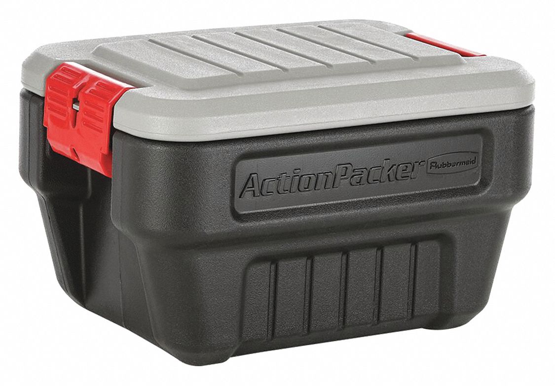 Attached Lid Container: 44.58 gal, 20 in x 14 1/2 in x 12 in, Black Body, Gray Lid