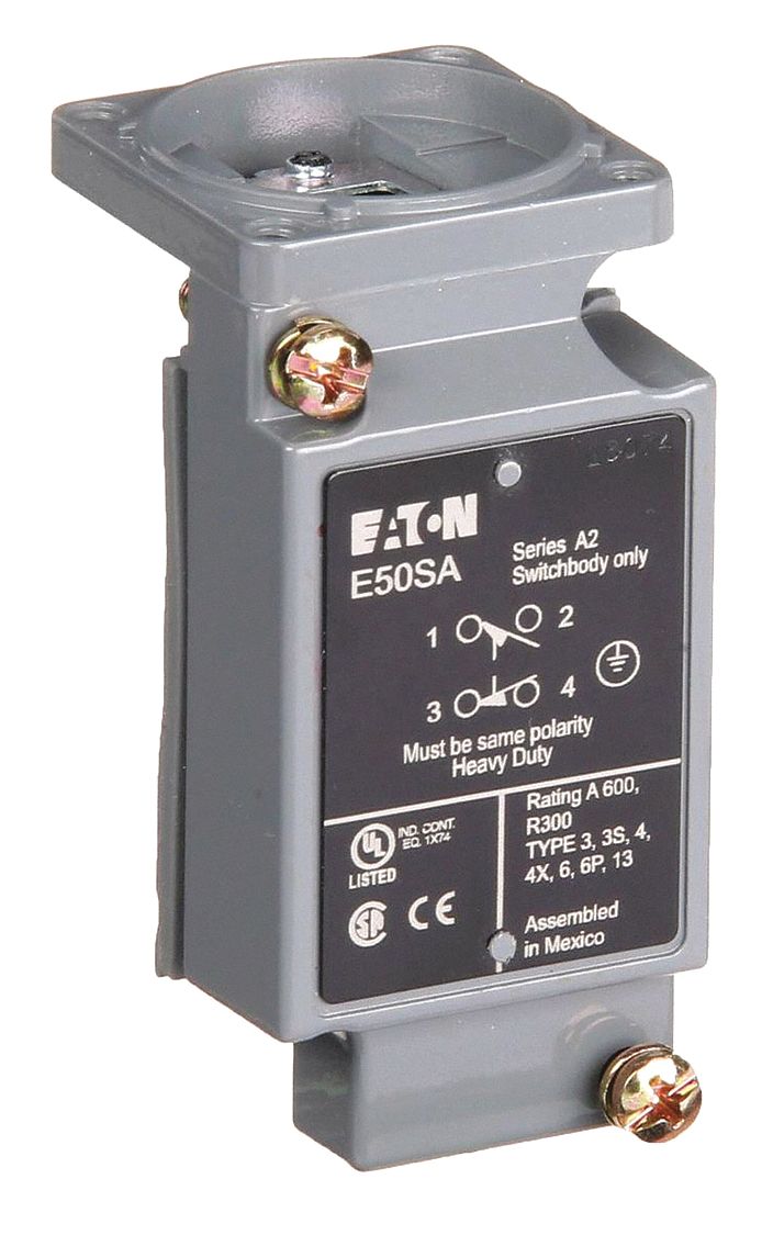 EATON Limit Switch Body: 1NO/1NC, 10A @ 600V AC, 1/12/13/2/4/6/6P, E50  Limit Switch, Plug In