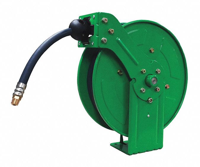 Spring Return Hose Reel: 33 ft (3/8 in I.D.), 3/8 in MNPT x 1/4 in MNPT,  300 psi Max Op Pressure