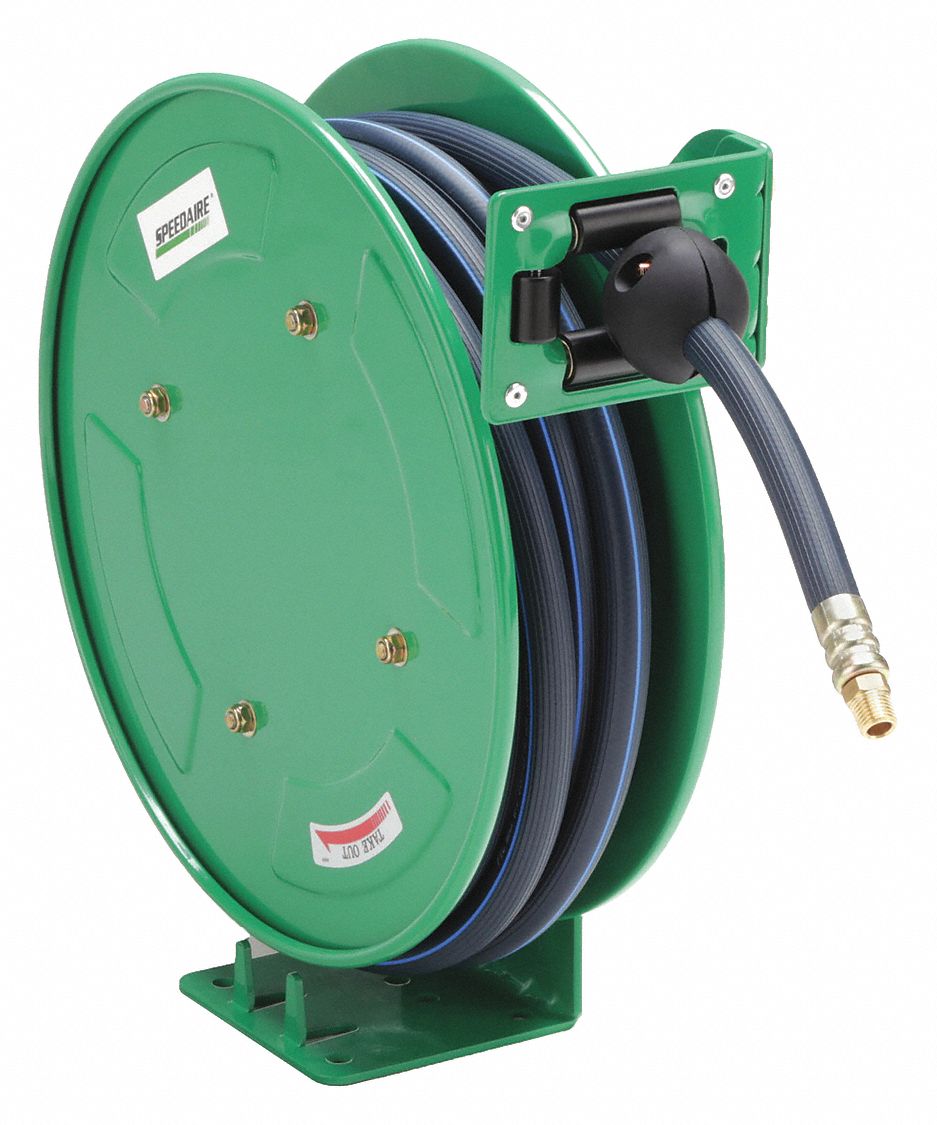 Spring Return Hose Reel: 25 ft (3/8 in I.D.), 1/4 in MNPT, 300 psi Max Op Pressure, Brass, Green