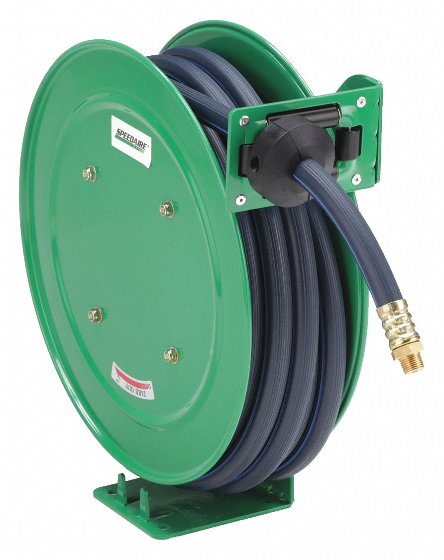 Spring Return Hose Reel: 35 ft (1/2 in I.D.), 3/8 in MNPT, 300 psi Max Op Pressure, Brass, Green