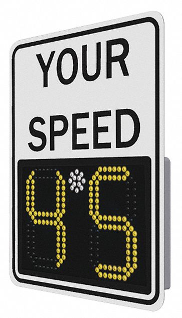LED Radar Speed Display Sign: 29 in x 23 in Nominal Sign Size, Aluminum, White, Battery