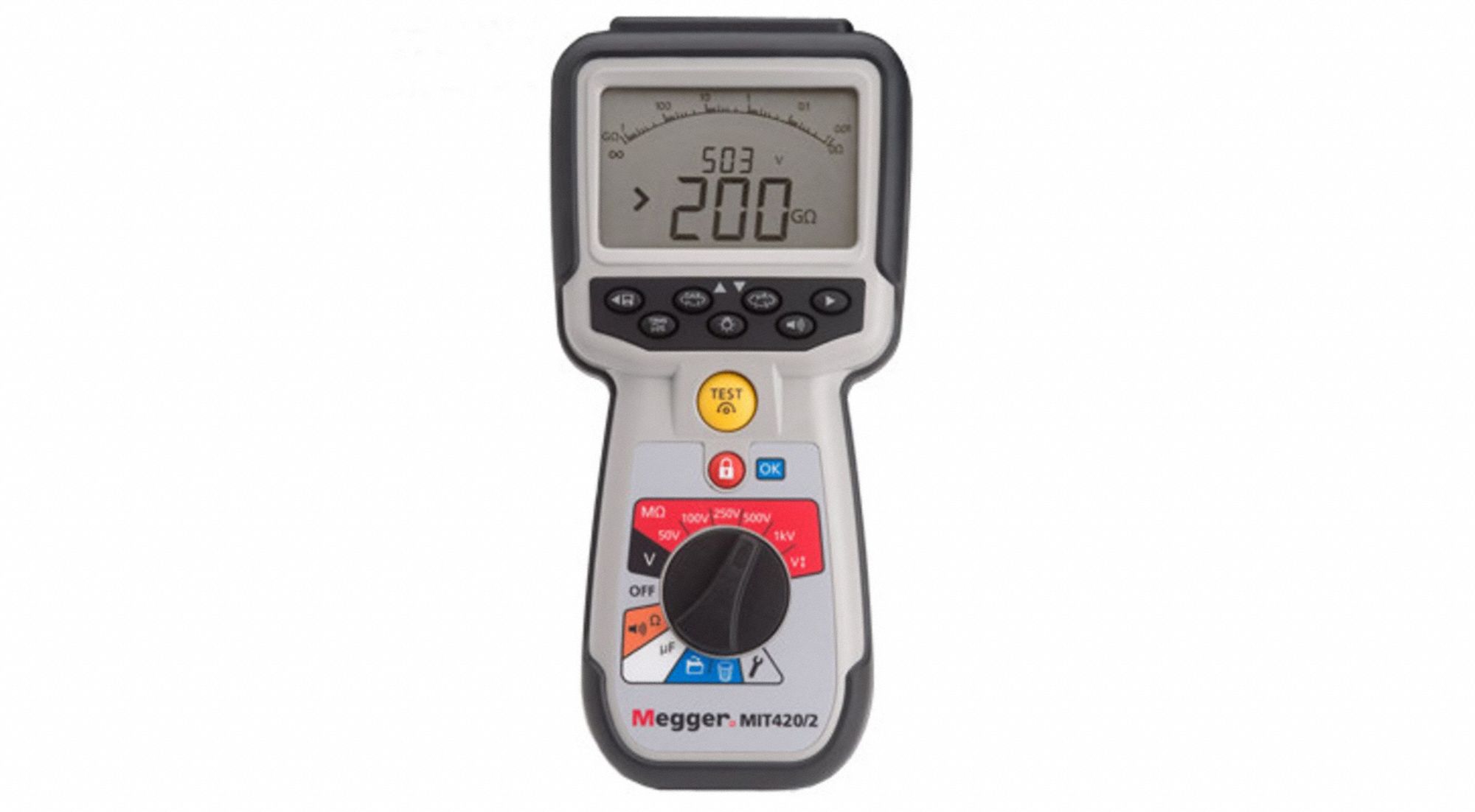Megohmmeter: Test Volt 1, 000V DC/100V DC/250V DC/500V DC/50V DC, 0.01 ohm to 1 megaohm, IP54