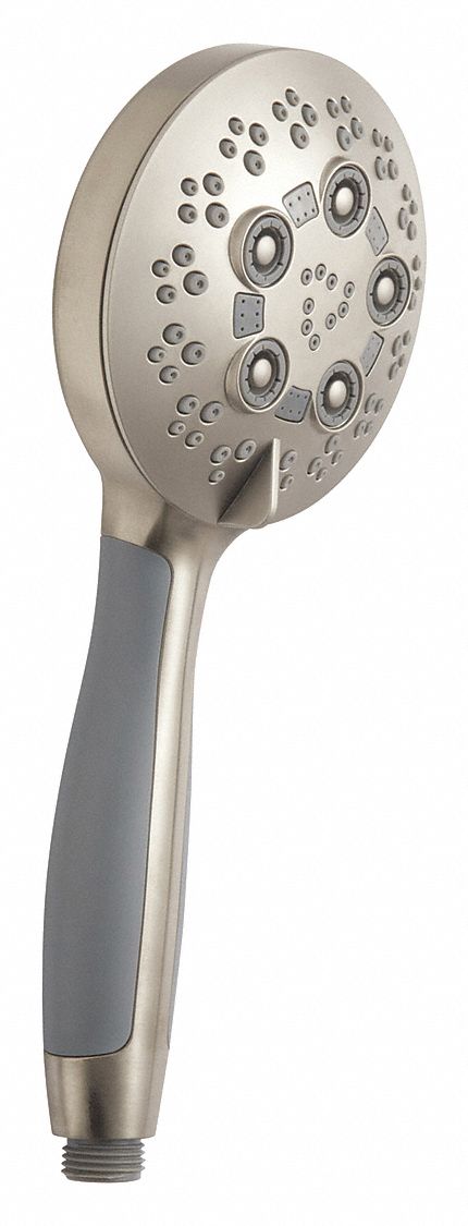 Handheld Showerhead: Plastic, Nickel, 2 gpm Flow Rate, 4 1/2 in Handheld Showerhead Wd