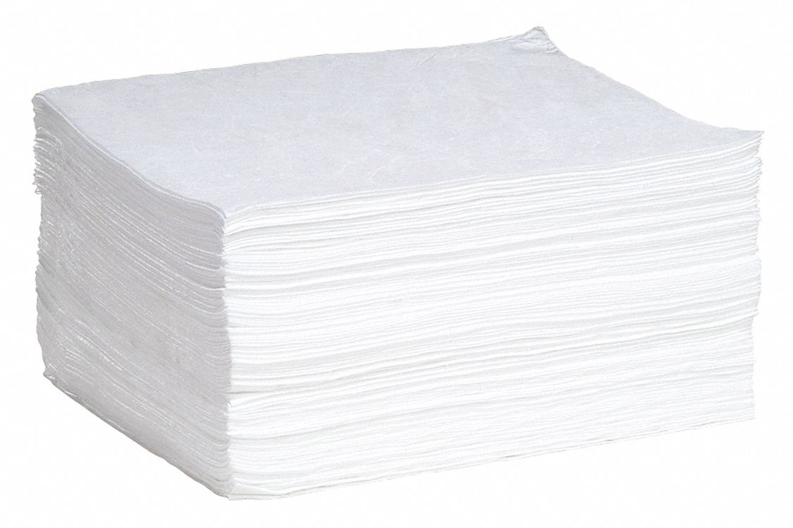 FEUILLES ABSORBANTES, 19 PO X 15 PO, POLYPROPYLÈNE, 0,1785 GAL ABSORBÉ PAR FEUILLE, 17 GAL PAR PAQUET, BLANC