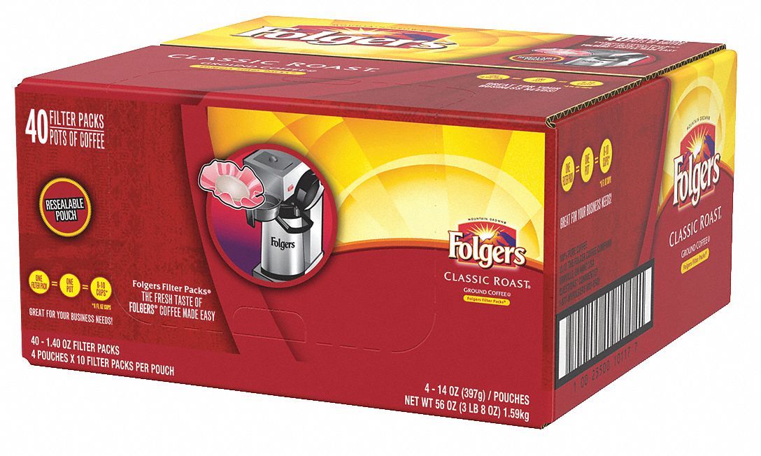 Coffee: Caffeinated, Classic Roast, Filter Pack, 1.4 oz Pack Wt, 4.8 lb Net Wt, 40 PK