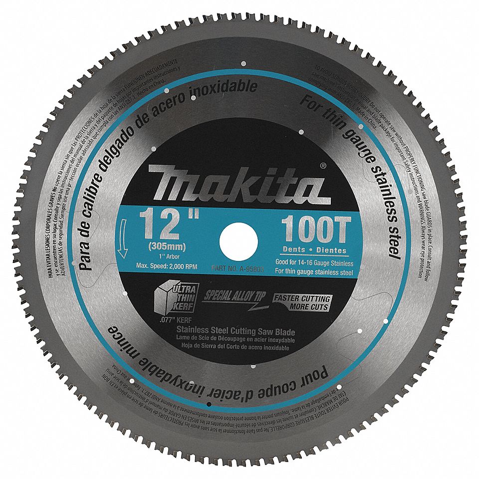 CIRCULAR SAW BLADE, 12 IN DIA, 100, 1 IN, 2000 RPM, 0 ° , MATB, FOR STAINLESS STEEL