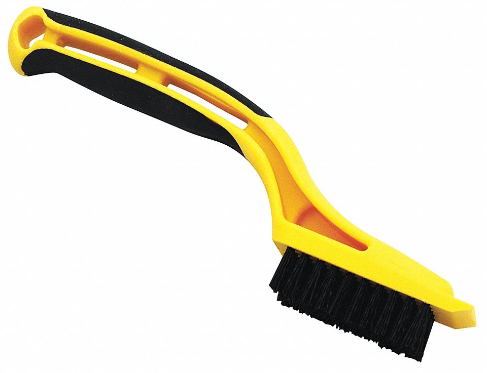 WIRE BRUSH, MINI, SHORT HANDLE, W/SCRAPER, 10 ROWS, 2 1/4 X 1 1/8 IN, BLK/YLW, NYLON/PLASTIC