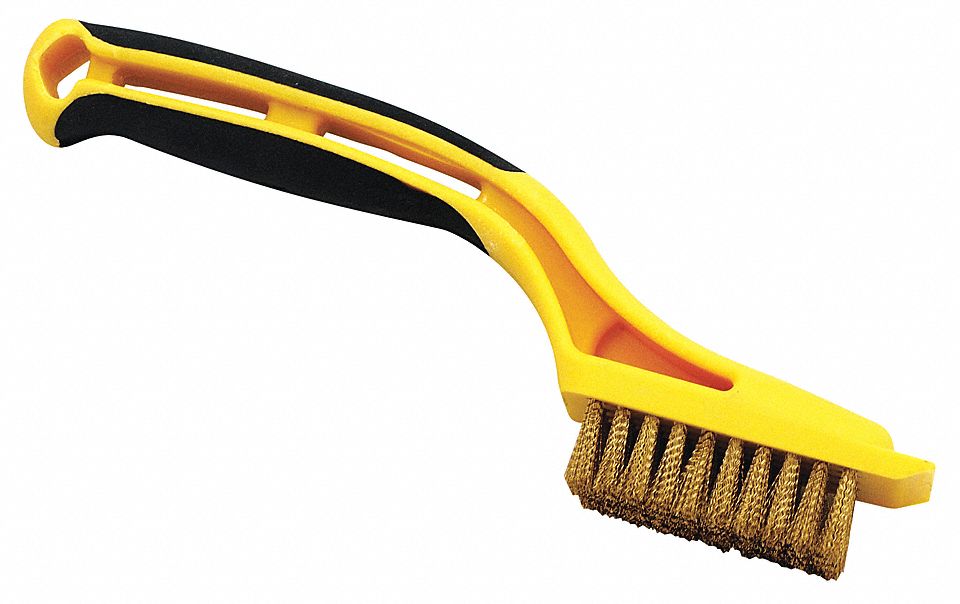 WIRE BRUSH, MINI, SHORT HANDLE, W/SCRAPER, 10 ROWS, 2 1/4 X 1 1/8 IN, BLK/YLW, BRASS/PLASTIC