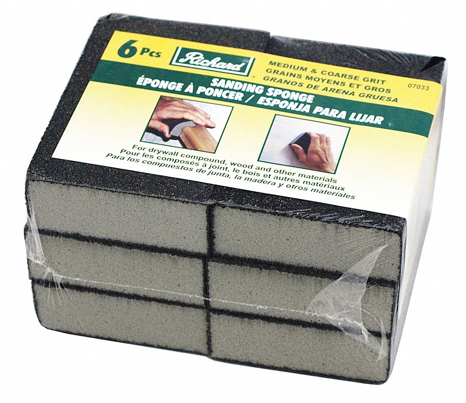 SANDING SPONGE, 4 SIDED, PROFESSIONAL GRADE, MEDIUM/COARSE, DARK BROWN, 4 X 2 3/4 X 1 IN, PK 6