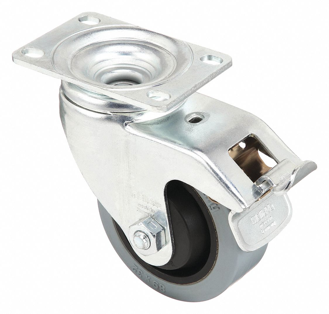 Plate Caster: Debris-Resistant, Swivel, Rubber, 3 1/2 in Wheel Dia, Medium Duty