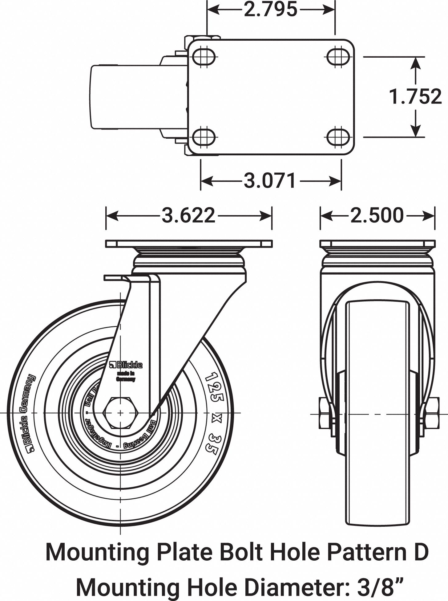 GRAINGER APPROVED Standard Plate Caster 4 15/16 in Wheel Dia., 400 lb