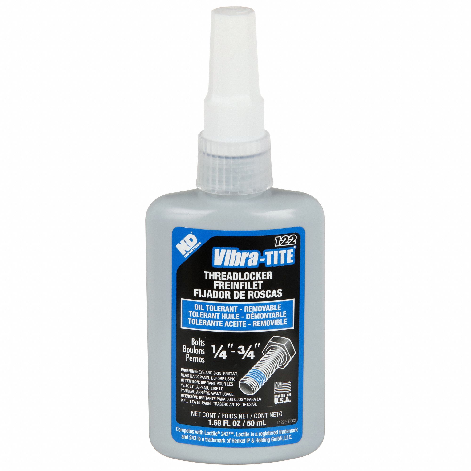 Primerless Medium-Strength Threadlocker: 122, Blue, Oil Tolerant, 1.69 fl oz, Bottle