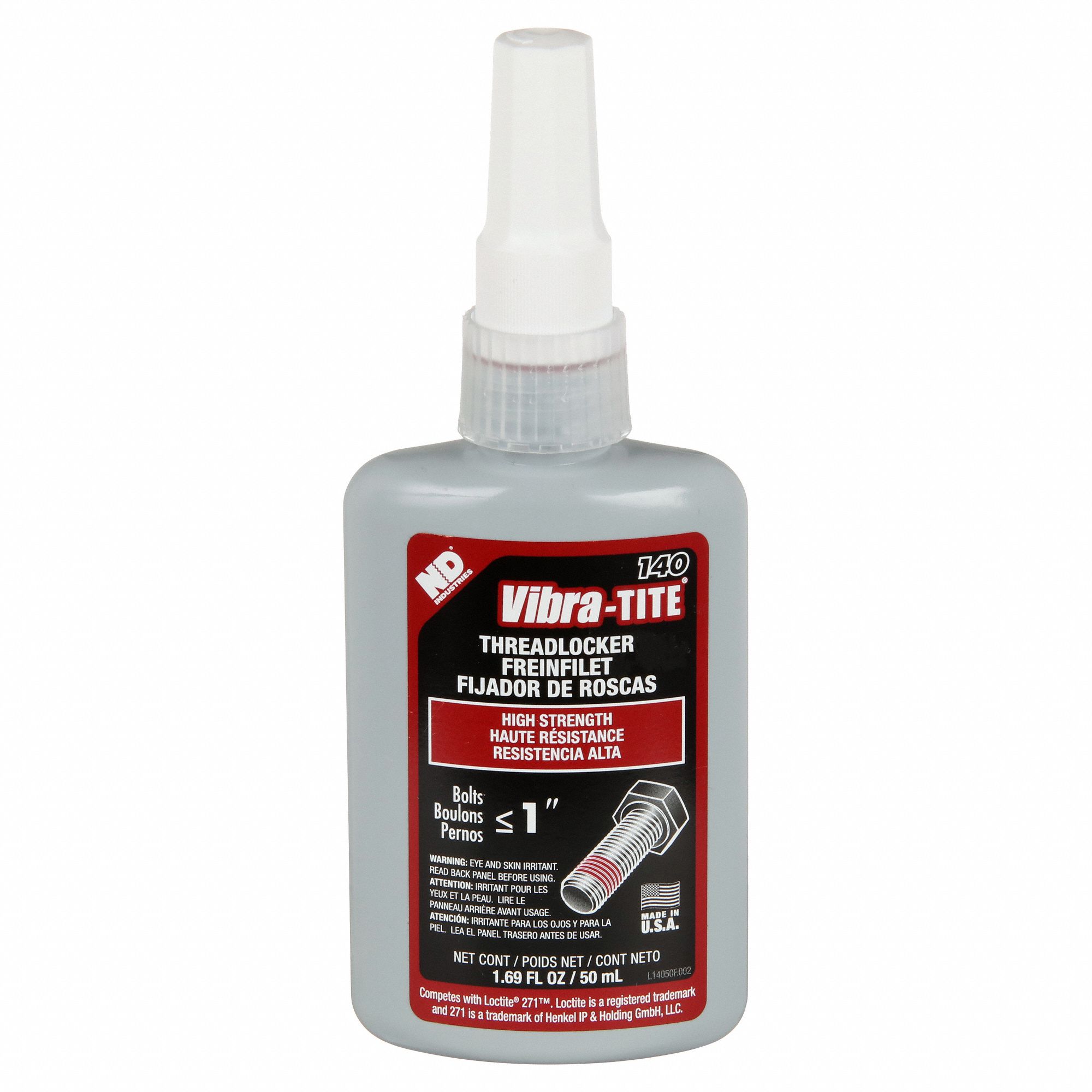 High-Strength Threadlocker: 140, Red, High-Temp Resistant, 1.69 fl oz, Bottle, 1 EA