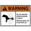 Warning: Do Not Operate Without Guards In Place. Moving Parts Can Crush and Cut. (Roller Hazard Pictogram) Signs