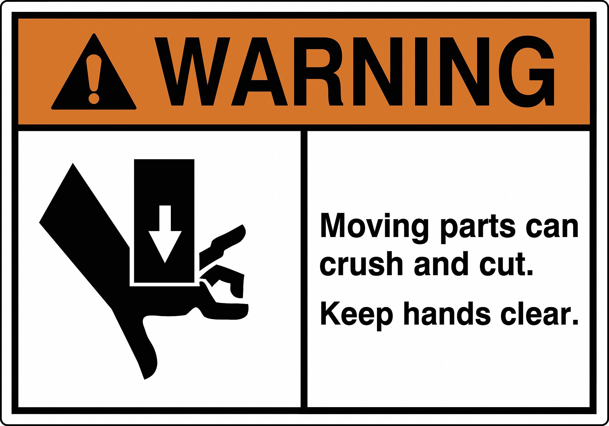 LABEL, POLYESTER, ADHESIVE, 3½X5 IN, 0.005 IN THICK, 5 PK, MOVING PARTS CAN CRUSH & CUT. KEEP HANDS CLEAR. (CRUSH HAZ...