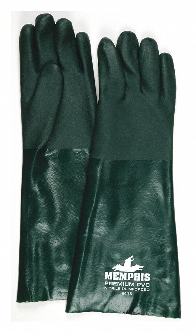 MCR SAFETY Chemical Resistant Gloves 18 in Glove Lg, Grain, Green, MCR