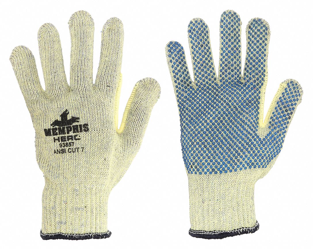 Coated Gloves: L ( 9 ), ANSI Cut Level A7, Palm, Dotted, PVC, Kevlar® ( 7 ga ), 1 PR