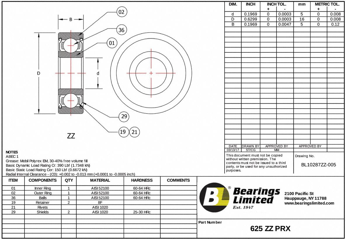 TRITAN Bearings, Shielded, 5mm Bore Dia., ABEC 1 49DD54625 ZZ PRX